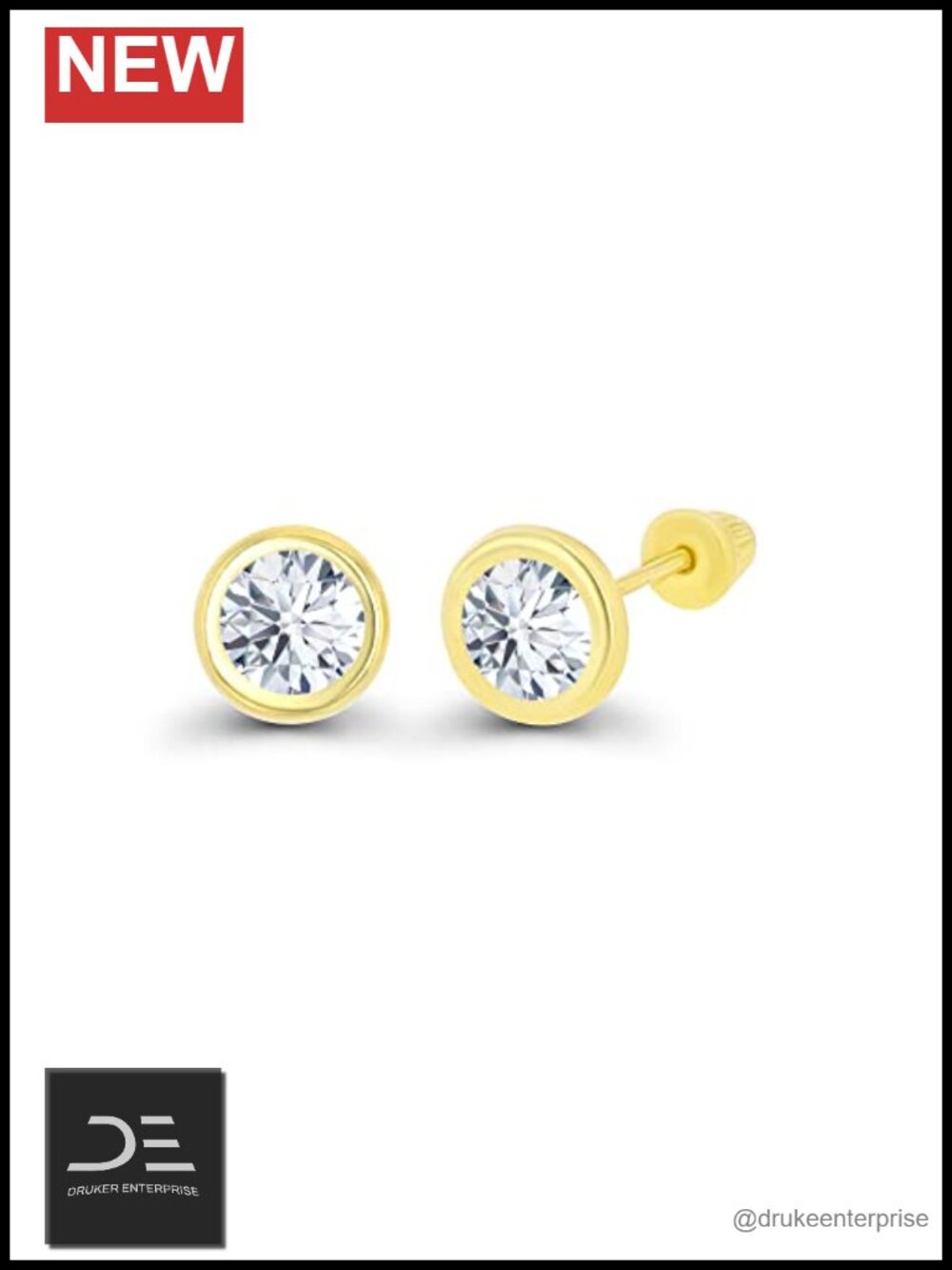 Solid 14K Gold Hypoallergenic 5mm Round Solitaire Birthstone Bezel Screw Back